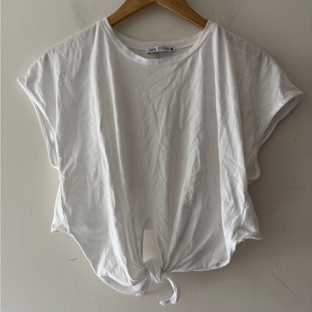 Zara White Front Knot Tie Cropped Tee - Picture 3 of 8